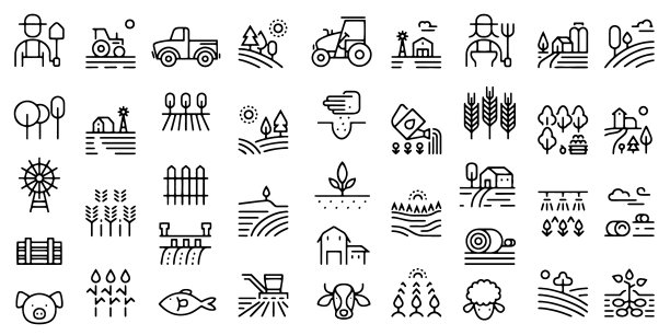 农场和农业图标设置为白色背景图片下载
