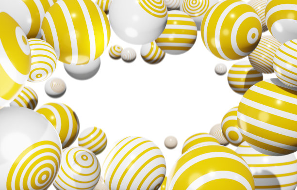 三维抽象插图的黄色球体在各种条纹的白色背景的未来主义反射背景图片下载