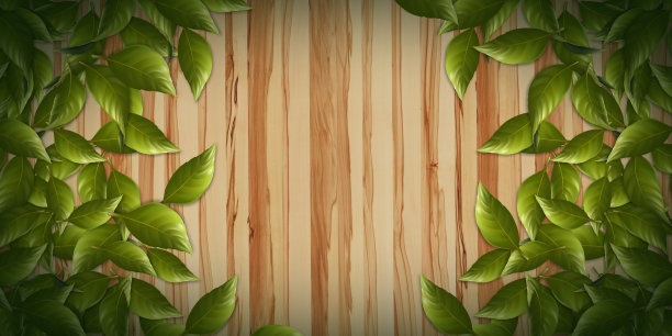 木地板覆盖绿叶3d插图图片下载