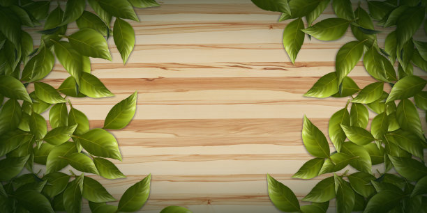 木地板覆盖绿叶3d插图图片下载