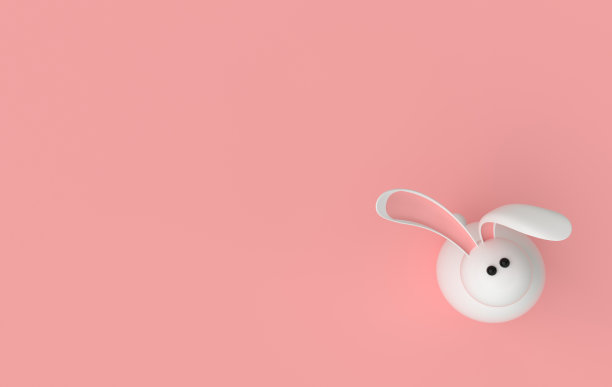 白色ester兔子与粉红色的耳朵在粉红色的背景。3d渲染，数字生成模板。复活节快乐大狩猎或销售横幅图片下载
