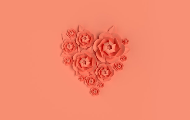 纸上优雅的花在橙色的背景。情人节，复活节，母亲节，结婚贺卡。3d渲染春天或夏天的花朵插图在纸艺术风格，心形图片下载
