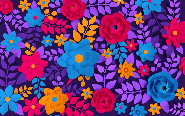 纸上淡雅粉彩花，紫色背景。情人节，复活节，母亲节，结婚贺卡。3d渲染数字春天或夏季鲜花插图在纸艺术风格。图片下载