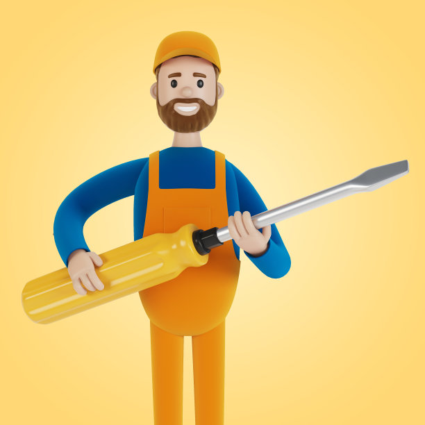 用一把大螺丝起子开了一个小时。建设者。3D插图卡通风格。图片下载