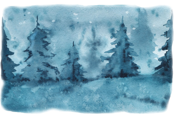 森林景观有树木、常绿云杉、松树、雾。手绘水彩插图，纸近。设计背景，模板，明信片，封面图片下载
