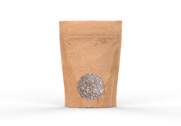 牛皮纸纸袋模拟的咖啡豆。空白工艺咖啡豆包模拟孤立的白色背景，3d插图图片下载