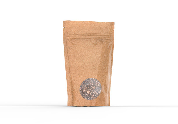 牛皮纸纸袋模拟的咖啡豆。空白工艺咖啡豆包模拟孤立的白色背景，3d插图图片下载