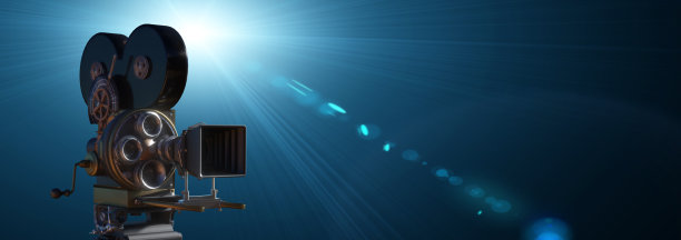 摄像机的剪影出现在带有蓝光的深色横幅上，以电影或电视为背景图片下载