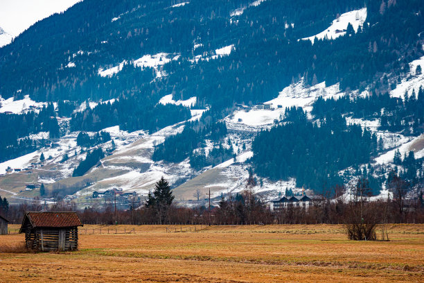 木头覆盖的仓库结构，用于储存干草和木柴，在野外前景，一个巨大的山可以看到在背景，酒店和建筑在远处图片下载