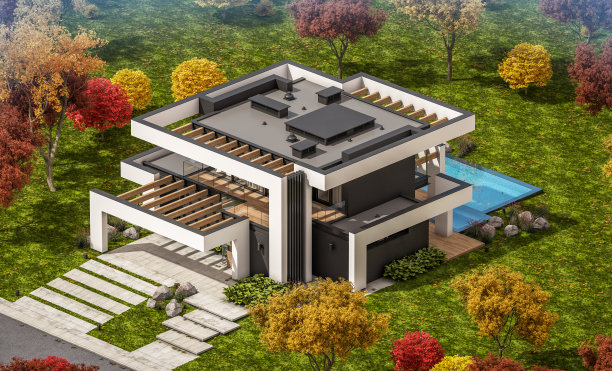 3d渲染现代住宅豪华风格在秋天的一天图片下载