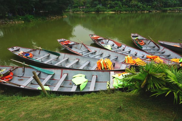 在越南农村一条浑浊的绿色河流岸边，金属划艇排成扇形图片下载