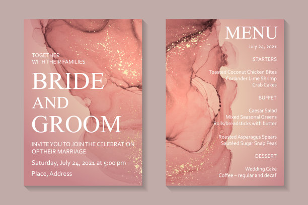 婚礼请柬与铜红水彩波浪或流动艺术酒精墨水风格与金色闪光。图片下载