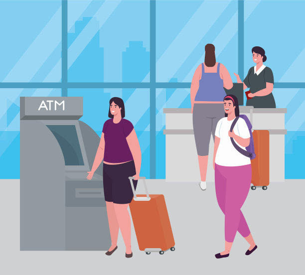 机场自动取款机上的女乘务员图片下载