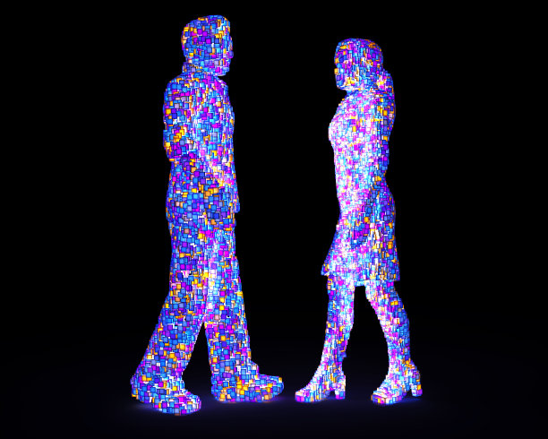 由发光的像素组成的男人和女人的形象图片下载