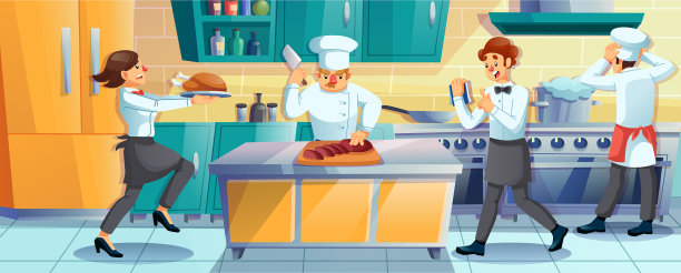 工作的餐厅工作人员在厨房做饭图片下载