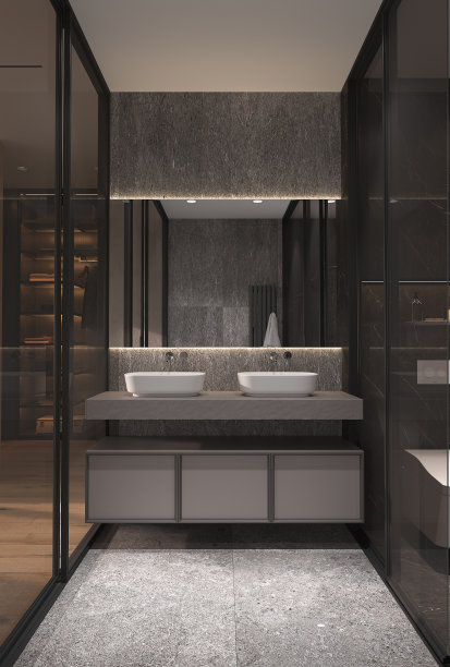 简约现代的室内设计，浴室采用玻璃隔断。带有橱柜和背光镜的当代水槽。现代石材效果瓷砖。3 d渲染。3 d演示。图片下载