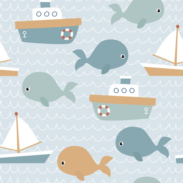 幼稚的海洋无缝模式与船和鲸鱼。图片下载
