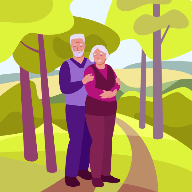 幸福的老年夫妇在春天的背景夏天的风景。家庭的概念，幸福的关系，支持，关怀。矢量插图在平面卡通风格。图片下载