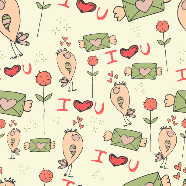 无缝图案与鸟类在温暖的颜色图片下载