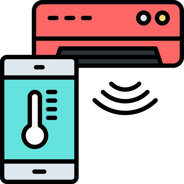 温度和气候监测概念，空调连接移动应用程序矢量色线图标设计，物联网符号在白色背景，物联网和自动化库存插图图片下载