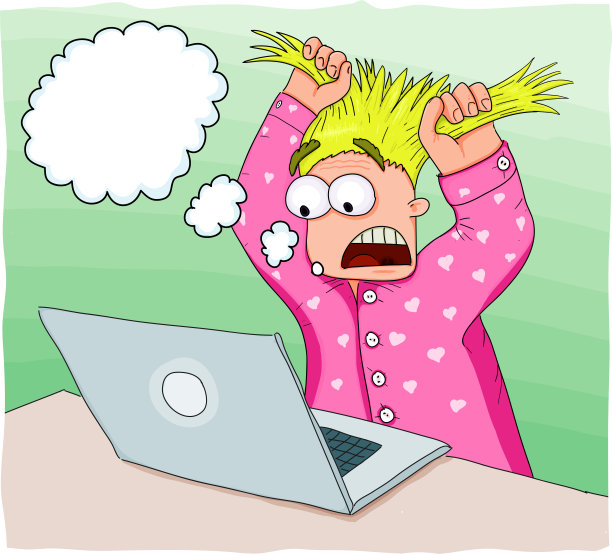 一个男人用笔记本电脑在恐慌中抓头发。有趣的卡通插图。图片下载