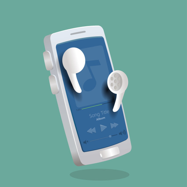 智能手机手机音乐播放器应用与无线耳机。3 d矢量图图片下载