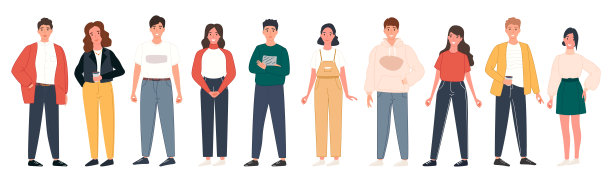 不同的人聚集在一起，站在孤立的白色背景上。快乐的男女青年字符集。矢量图图片下载