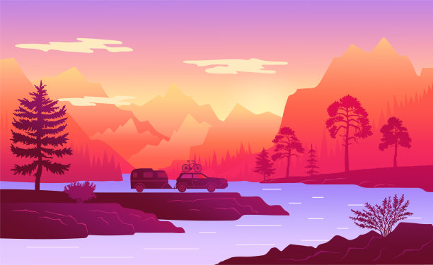 旅行汽车横幅，海报模板，网页设计。汽车旅游。环游世界的公路旅行图片下载