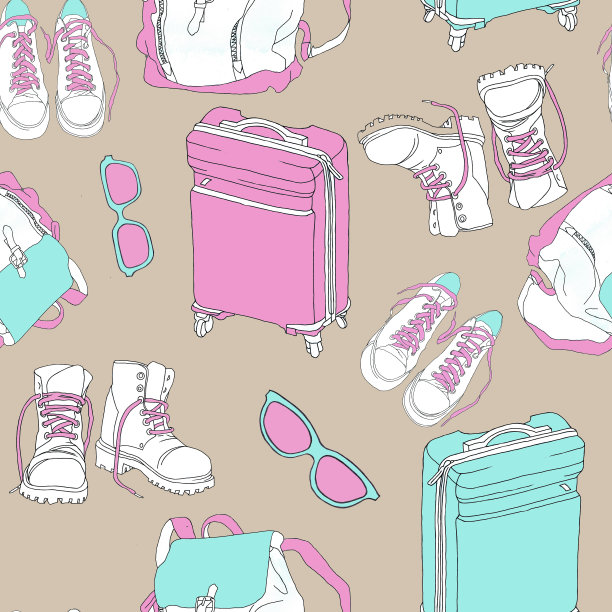 旅行图标孤立的米色背景无缝模式的所有印花。图片下载