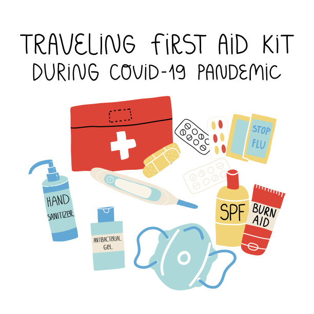 用于Covid-19大流行期间旅行的急救箱。各种药片和药物，洗手液，医用口罩，绷带，电子温度计，防晒霜和烧伤援助乳液。图片下载