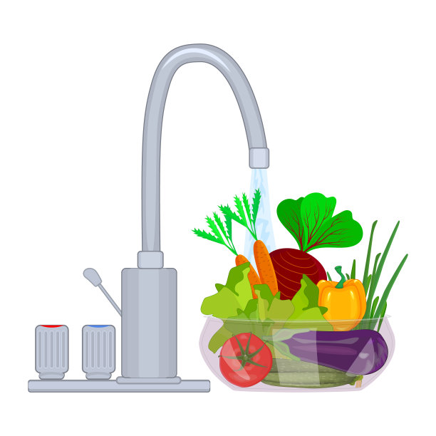 清洗蔬菜和水果。碗蔬菜在流动的水孤立的白色背景。图片下载