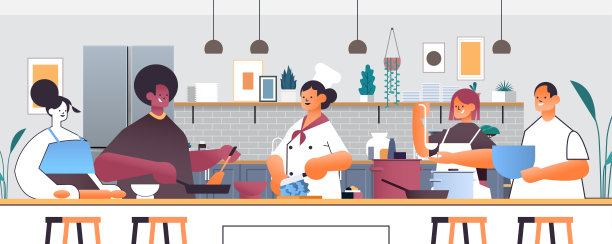 混合种族厨师准备菜肴烹饪食物烹饪学校概念厨房室内水平图片下载