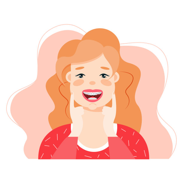 矢量卡通插图的特写一个微笑的年轻可爱的女孩的脸与牙套上。“n”n图片下载