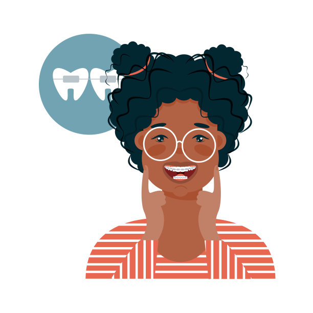 矢量卡通插图的特写，一个微笑的年轻可爱的女孩的脸与牙套在他的牙齿。“n”n图片下载