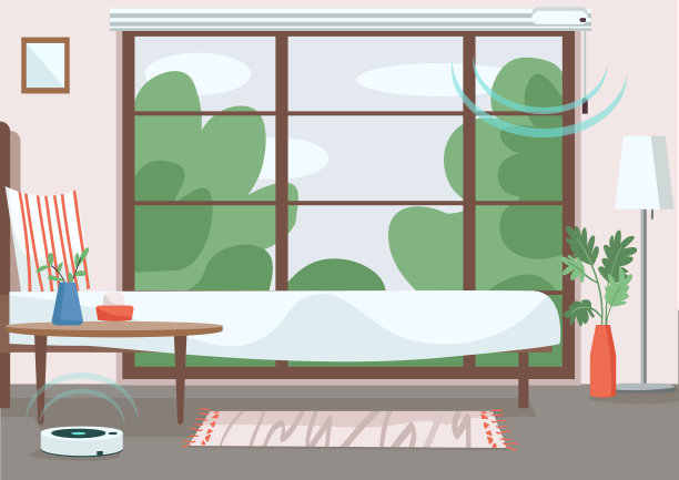 现代公寓平面颜色矢量插图。有自动百叶窗和吸尘器的空房间。物联网技术。卧室2D卡通室内与智能设备的背景图片下载