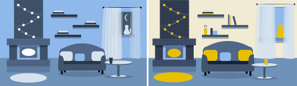 内部的集合。无论是白天还是晚上，客厅里都有家具。舒适的室内沙发和壁炉。平面风格矢量插图。图片下载