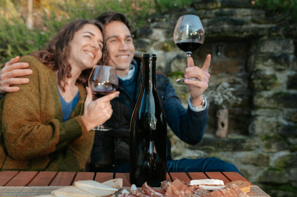 相爱的情侣在花园喝露天开胃酒，看着地平线，喝一杯葡萄酒庆祝。图片下载
