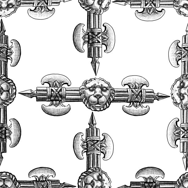 无缝背景绘制的装饰建筑细节与轴线和狮头在复古风格图片下载