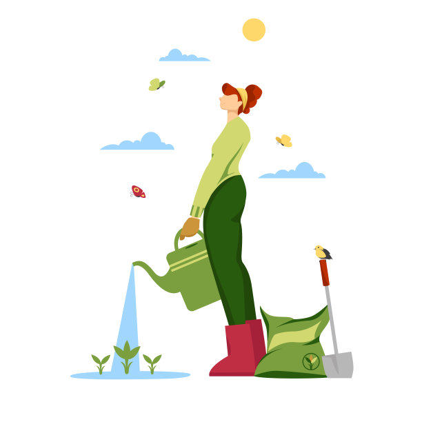 女孩种花。一位妇女在花园里给幼苗浇水。种植蔬菜图片下载