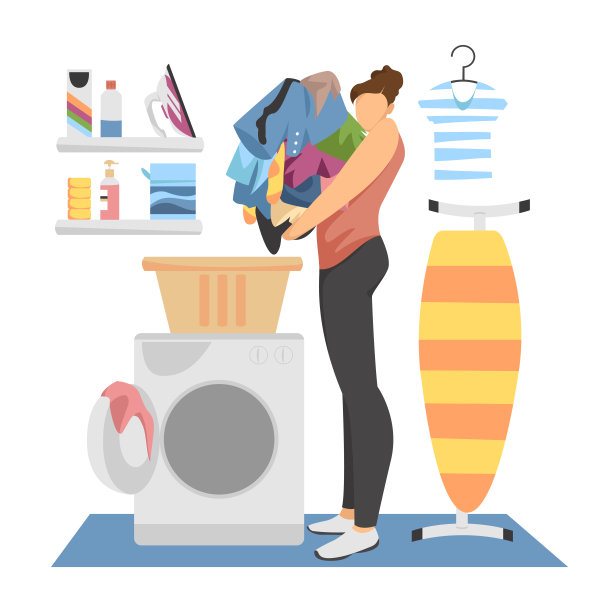 洗衣服务。一个女人在洗衣房洗衣服的矢量图像图片下载