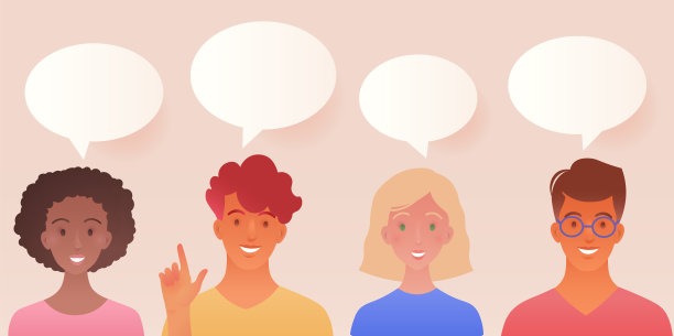 朋友小组讨论概念。男性和女性的卡通人物聊天和交换信息，语音泡泡浮在他们上面图片下载