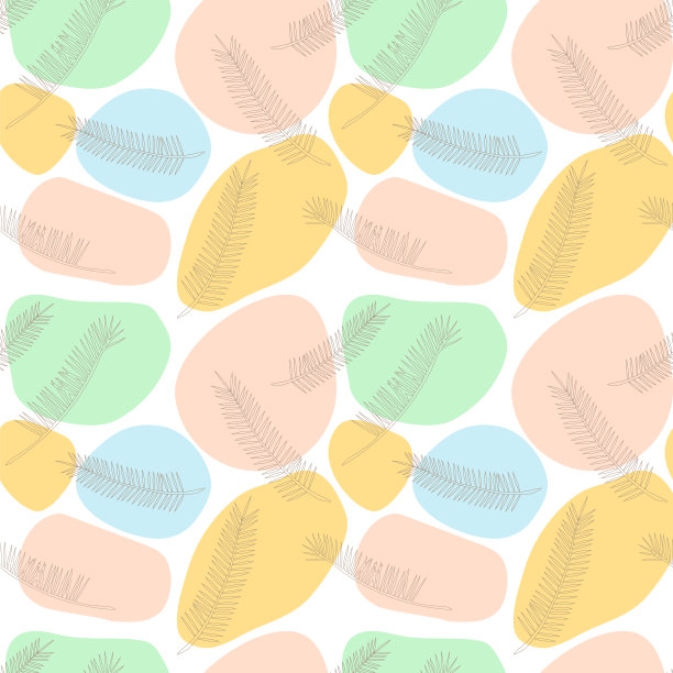 矢量无缝图案，由多色斑点和线形植物叶片雕刻而成。彩色斑点是有斑点动物皮肤上的斑点。图片下载