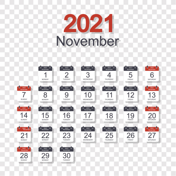 每月日历模板为2021年11月与每日的日期。透明背景。一周从周日开始。平的风格图片下载