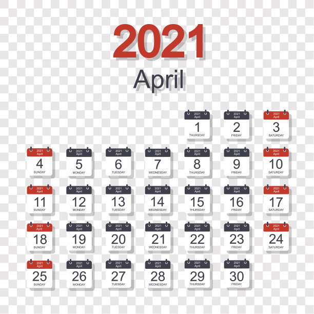 每月日历模板为2021年4月与每日日期。透明背景。一周从周日开始。平的风格图片下载