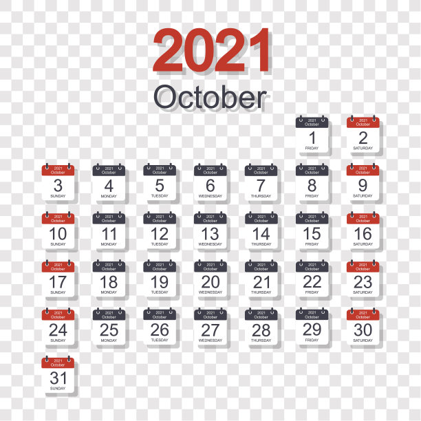每月日历模板为2021年10月与每日日期。透明背景。一周从周日开始。平的风格图片下载