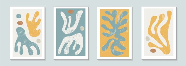 一套当代的海报，以抽象的有机形式构成，具有时髦的现代拼贴风格，可以用于墙壁装饰，贺卡，封面设计，矢量图形图片下载