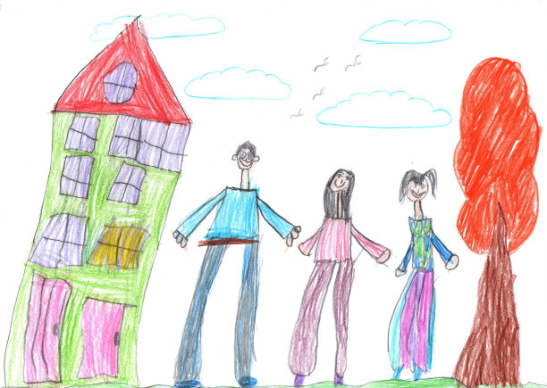 画一个幸福的家庭在户外散步。儿童风格的铅笔艺术图片下载