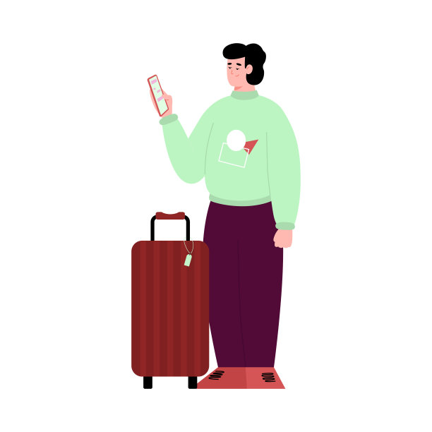 旅行箱拿着手机，卡通矢量插图孤立。图片下载