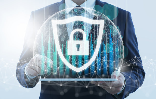 计算机安全。商务人士使用平板电脑。数据保护系统。图片下载