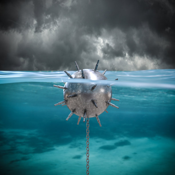 一个大型矿山与链在海上的3d渲染。图片下载